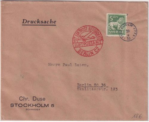 Schweden - 5 Ö. Löwe Luftpost-Drucksache Stockholm PFFS - Berlin 1933