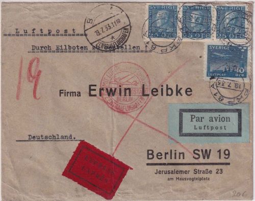 Schweden - 10 Ö. Flugpostmarke u.a. Luftpost-Eilbrief Bahnpost PKP 81A 1933