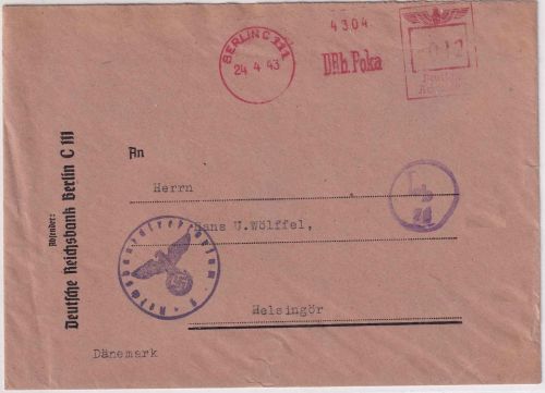 DR - Berlin C111 1943 12 Pfg. AFS "DRb Poka" Brief n. DÄNEMARK seltene Zensur