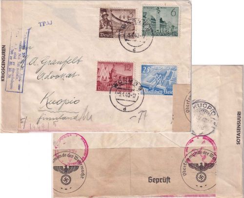 DR - Leipziger Frühjahrsmesse Satzbrief n. FINNLAND Worms 1940 Doppelzensur
