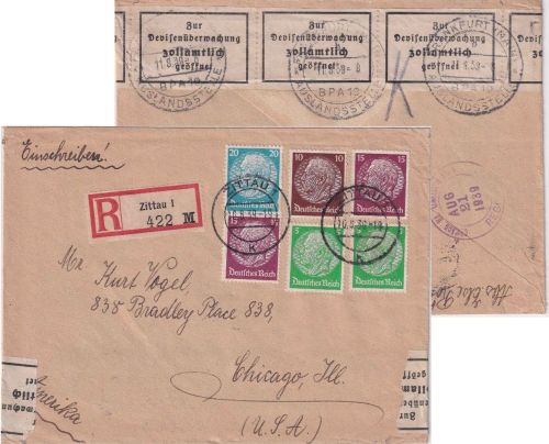 DR - 20 Pfg. Hindenburg u.a. Einschreibebrief n. USA Zittau 1939 prov. Zensur