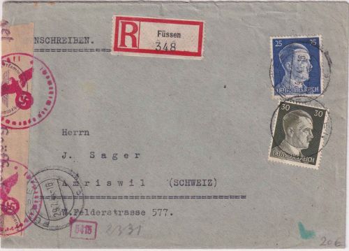 DR - 25+30 Pfg. AH Einschreibebrief i.d. SCHWEIZ Füssen 1944 OKW-Zensur