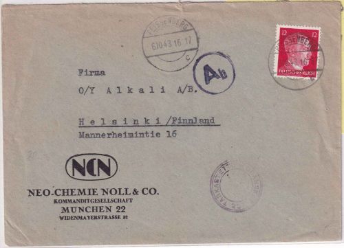 DR - 12 Pfg. AH Brief (Europatarif) n. FINNLAND Peissenberg 1943 Doppelzensur