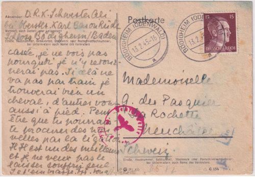 DR - 15 Pfg. AH karte i.d. SCHWEIZ Bödigheim - Neuchatel 13.2.45 Zensur