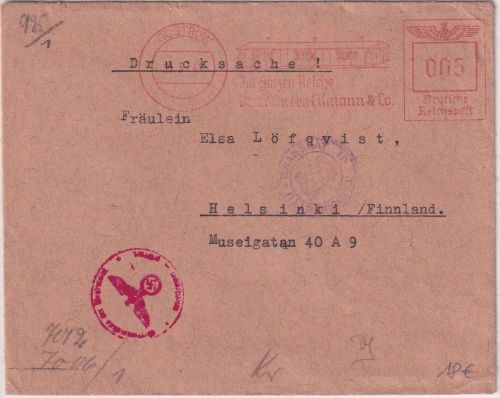 DR - Güstrow 1941 5 Pfg. AFS "Baracken Eilmann" Drucksache n. FINNLAND Zensur