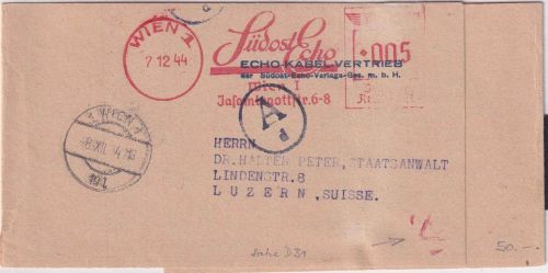 DR - Wien 1944 5 Pfg. AFS "Südost-Echo" Zeitungsstreifband i.d. SCHWEIZ Zensur !