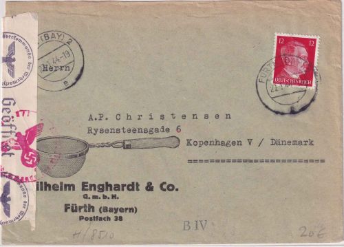 DR - 12 Pfg. AH illustr. Firmenbrief (Europatarif) n. DÄNEMARK Fürth 27.1.44