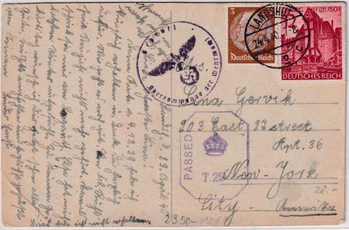 DR - 12 Pfg. Danzig u.a. Karte n. USA Landshut - New York 1940 Doppelzensur