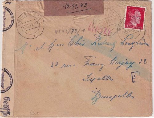 Dt. Bes. Luxemburg - 12 Pfg. AH Brief (Europatarif) Niederfeulen 1943 OKW-Zensur