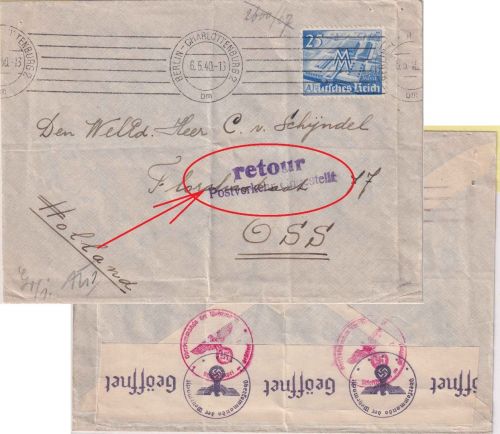 DR - "Retour Postverkehr eingestellt" L2 Brief n. HOLLAND Berlin - Oss 6.5.40