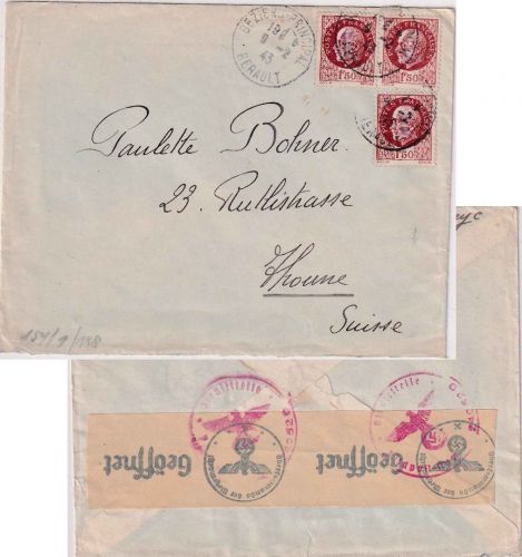 Frankreich - 3x1,50 Fr. Petain Brief i.d. SCHWEIZ Beziers Thun 9.2.43 OKW-Zensur