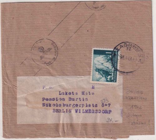 Kroatien - Zagreb 1942 Streifband b. Berlin Zensur Geheime Staatspolizei