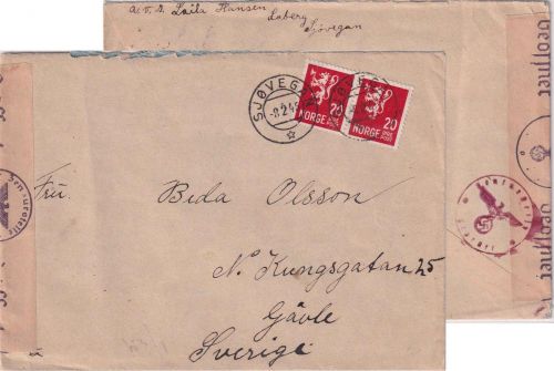 Norwegen - 2x20 Ö. Löwe Brief n. SCHWEDEN Sjovegan 8.2.45 OKW-Zensur
