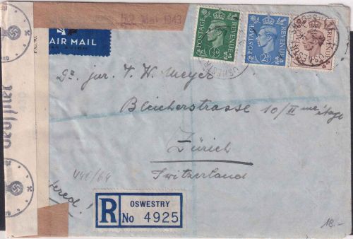 England - Oswestry 21.4.43 Luftpost-Einschreibebrief i.d. SCHWEIZ Doppelzensur