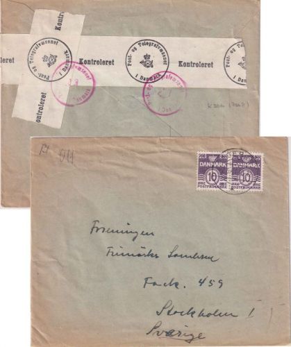 Dänemark - 2x10 Ö. Ziffer Brief n. SCHWEDEN Agersö 1941 Zensur Kopenhagen