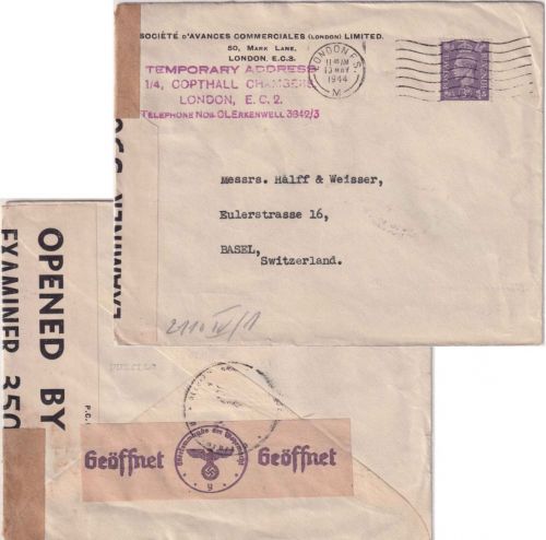 England - 3 P. George VI. Firmenbrief i.d. SCHWEIZ London 1944 - Doppelzensur