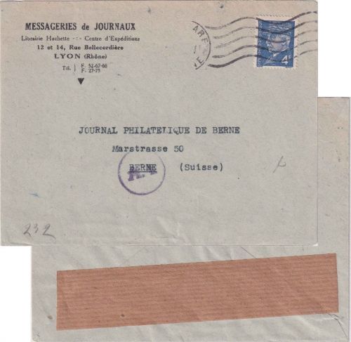 Frankreich - 4 Fr. Petain Firmenbrief i.d. SCHWEIZ Lyon - Bern 1944 Zensur Lyon