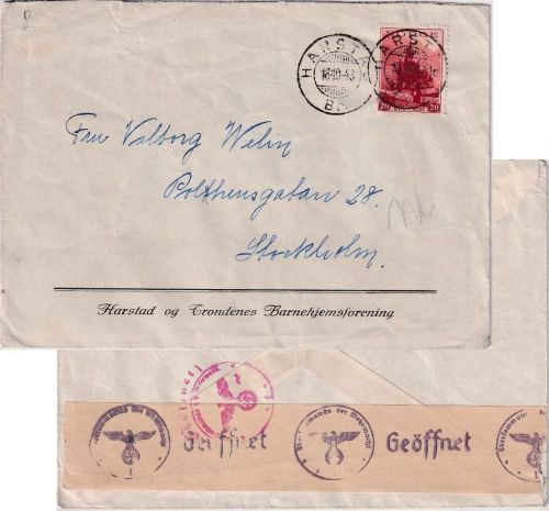 Norwegen - 20 Ö. Stabkirche Brief n. SCHWEDEN Harstad 18.10.43 Zensur Trondheim