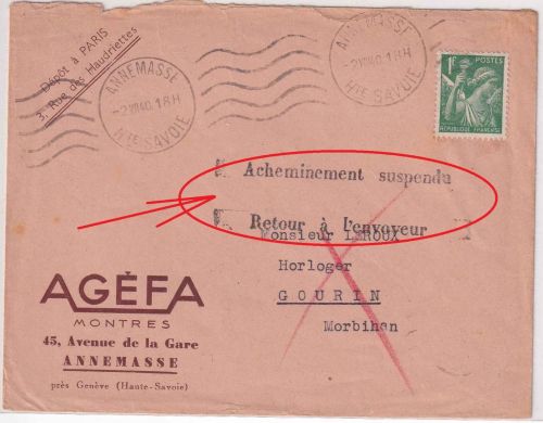 Frankreich - 1 F. Iris Brief Annemasse (Vichy-FR !) - Gouroin 2.8.40 - Retour !