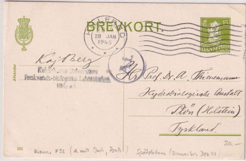Dänemark - 15 Ö. Ganzsache Hillerod - Plön 28.1.45 Durchlaufzensur Hamburg "Af"