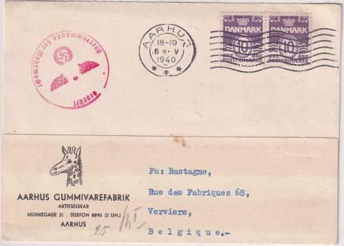 Dänemark - 2x10 Ö. Ziffer illustr. Firmenkarte n. BELGIEN Aarhus 6.5.40 ! Zensur
