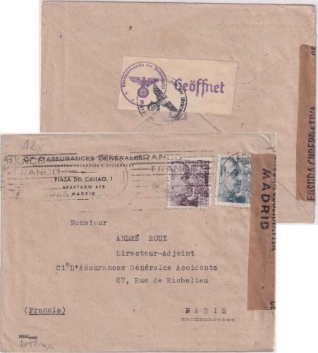 Spanien - Madrid 1943 Firmenbrief n. FRANKREICH (Paris) span.-dt. Doppelzensur