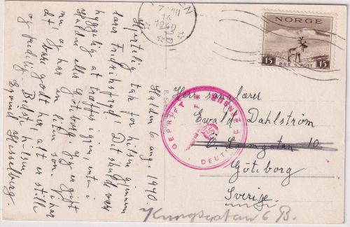 Norwegen - 15 Ö. Rentier Karte n. SCHWEDEN Halden 7.8.40 dt. Lokalzensur Oslo