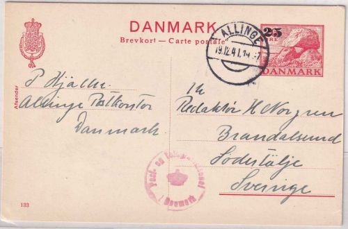 Dänemark - 25/20 Ö. Hünengrab Ganzsache3 n. SCHWEDEN Allinge 1941 Zensur