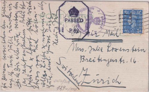 England - 2 1/2 P. George Luftpostkarte i.d. SCHWEIZ London 3.3.43 Doppelzensur