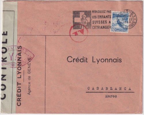 Schweiz - Genf 1944 Bankbrief n. MAROKKO (Casablanca) - Doppelzensur