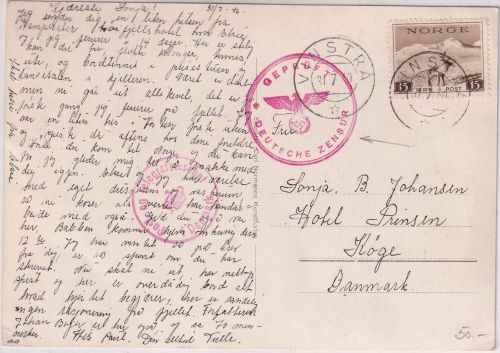Norwegen - 15 Ö. Rentier Karte n. DÄNEMARK Vinstra - Koge 31.7.40 Doppelzensur