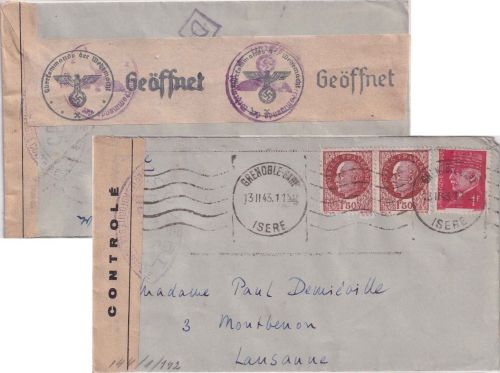 Frankreich - 2x1,50+1 Fr. Petain Brief id. SCHWEIZ Grenoble 13.2.43 Doppelzensur