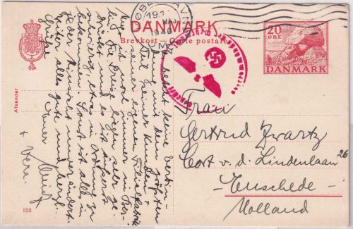 Dänemark - 20 Ö. Hünengrab Ganzsache n. HOLLAND Kopenhagen 7.5.1940 !! Zensur