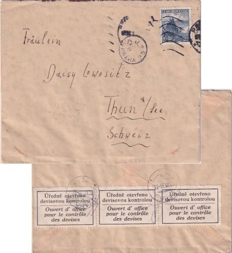 Tschechoslowakei - 2,50 K. Burg Brief id. SCHWEIZ Prag - Thun 1938 Devisenzensur