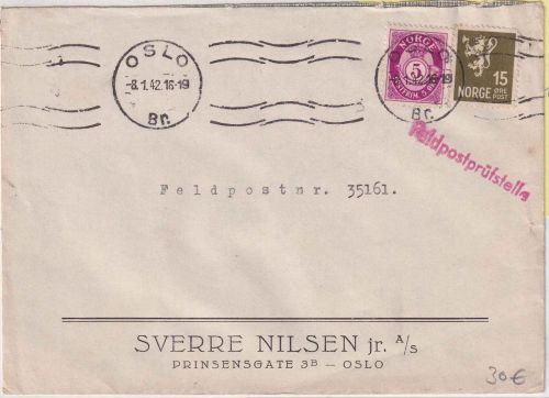 Norwegen - Oslo 8.1.42 Firmenbried an Fp.Nr. 35161 roter L1 "Feldpostprüfstelle"