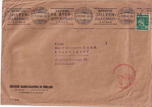 Finnland - 50 P. Löwe Firmenbrief Helsinki - Düsseldorf 1941 OKW-Zensur