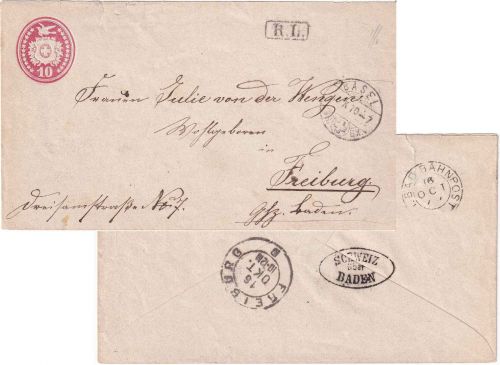 Schweiz/Baden - 10 Rp. Tübli Ganzsache/Brief Grenzverkehr Basel - Freiburg 1870