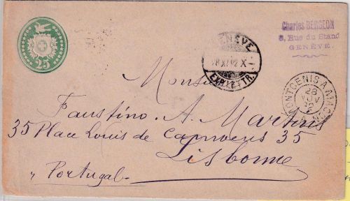 Schweiz - 25 Rp. Tübli Ganzsache/Brief n. PORTUGAL Genf - Lissabon 1892