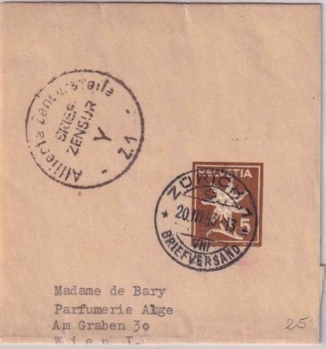 Schweiz - 5 Rp. Streifband/Ganzsache n. ÖSTERREICH Zürich - Wien 1953