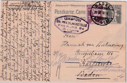 Schweiz - 7 1/2 Rp. Tellknabe Ganzsache+Zusatz Basel - Karlsruhe 1918 Zensur
