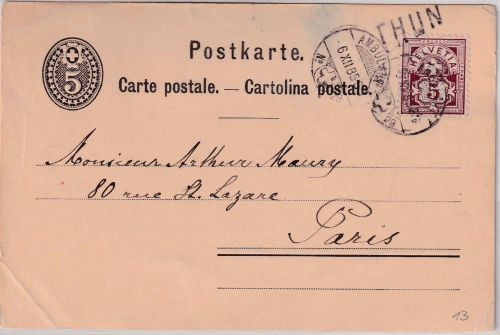 Schweiz - 5 Rp. Tellknabe Ganzsache+Zusatz Bahnpost Stations-L1 Thun 1885