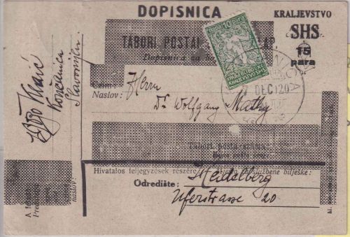 Jugoslawien/Kroatien - 15 Pa. Behelfsganzsache (Feldpostkarte) Koncanica 7.12.20