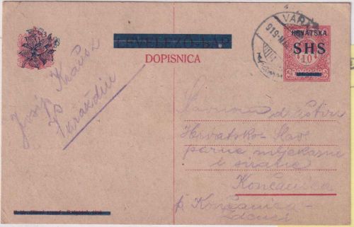 Jugoslawien/Kroatien - 10 F. Ganzsache/SHS Varazdin - Koncanica 19.3.19