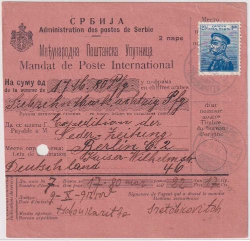 Serbien - 25 Pa. König Peter I. Postanweisung Tchoukaritza - Berlin 1912 R!