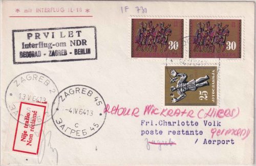 Jugoslawien - Interflug Erstflug Etappe Belgrad - Zagreb 4.4.64 - selten !