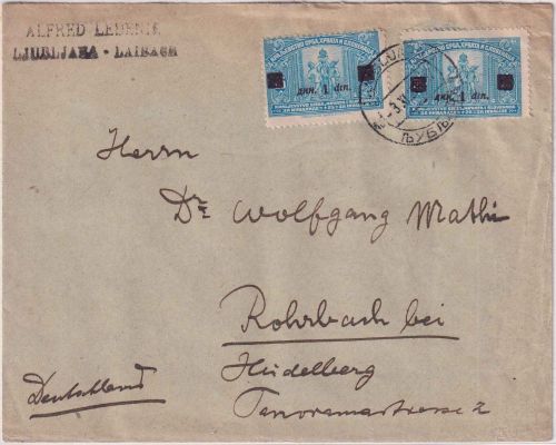 Jugoslawien/Slowenien - 2x1 Din/25 Pa. Wohlfahrt Brief Laibach Rohrbach 3.11.22