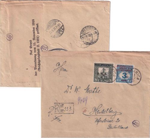 Jugoslawien/B&H - 3 Kr. Portomarke/Überdruck ua. Einschreibebrief Koncanica 1920