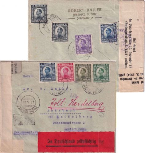 Jugoslawien - 75Pa. Kronprinz u.a. Einschreibebrief Jesenice 1921 Devisenzensur