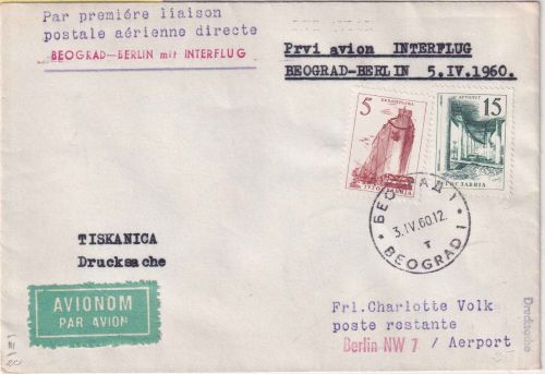 Jugoslawien - Interflug Erstflug Belgrad - Berlin 3.4.60 Luftpostdrucksache