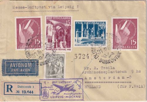 Jugoslawien - Messe-Sonderflug via Leipzig Lupo-R-Brief Dubrovnik Amsterdam 1955